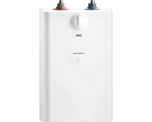 AEG Kleinspeicher mit Drehregler und Wasseranschlüssen oben. Weißes Gehäuse mit AEG Logo und Herkunftsbezeichnung Deutschland.