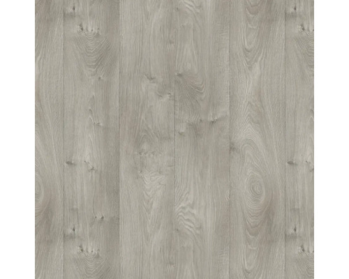 Laminatboden in Holzoptik Hellgrau mit sichtbarer Maserung und Astlöchern.