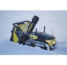 Autonomer Yarbo Schneefräsen-Roboter mit Gummiketten, verstellbarem Auswurfkamin und Sensoren beim Räumen von tiefem Schnee.