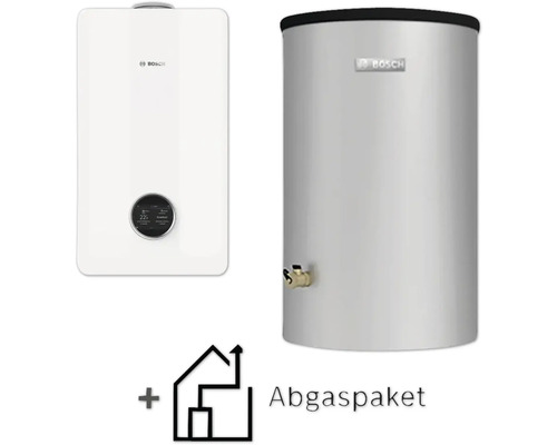 Bosch Gas-Brennwert-Therme mit Warmwasserspeicher und Abgaspaket.