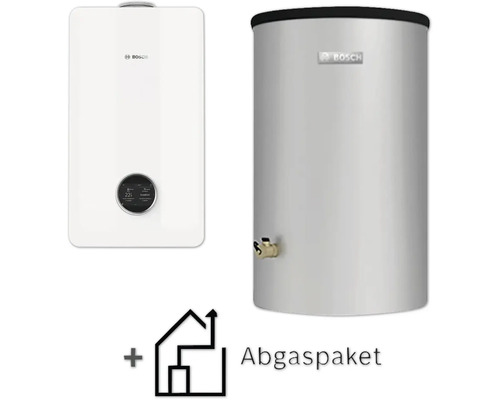 Bosch Gas-Brennwerttherme mit Warmwasserspeicher und Symbol für Abgaspaket.