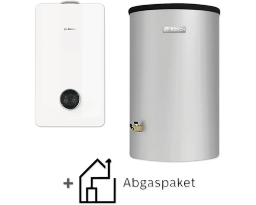 Weißes Bosch Gas-Brennwertgerät, silberner Warmwasserspeicher und Abgaspaket inklusive Bosch Logo.