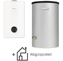Weißes Bosch Gas-Brennwertgerät, silberner Warmwasserspeicher und Abgaspaket inklusive Bosch Logo.