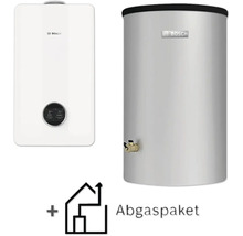 Bosch Gas-Brennwert-Heizungsset mit wandhängender Gastherme, bodenstehendem Warmwasserspeicher und Abgaspaket.