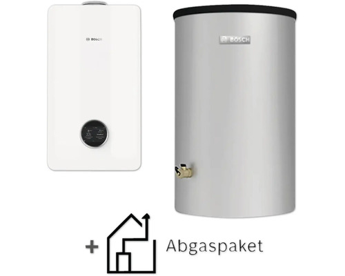 Bosch Gas-Brennwert-Heizungsset mit wandhängender Gastherme, bodenstehendem Warmwasserspeicher und Abgaspaket.