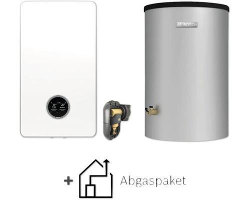 Bosch Gas-Brennwerttherme mit Warmwasserspeicher und Abgaspaket.