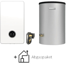 Bosch Gas-Brennwerttherme mit Warmwasserspeicher und Abgaspaket.