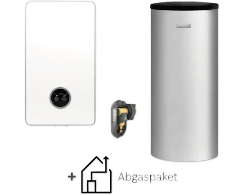 Bosch Gas-Brennwert-Heizungsset mit weißer Wandtherme inklusive Display, silbernem Warmwasserspeicher und Abgaspaket.