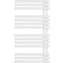 Moderner weißer Badheizkörper mit flachen horizontalen Lamellen und seitlich angeordneten vertikalen Sammelrohren.
