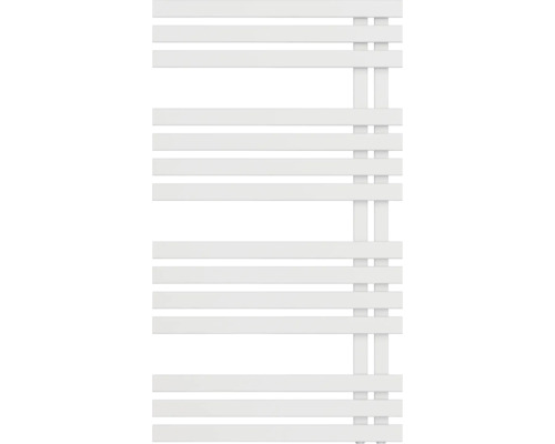 Moderner weißer Badheizkörper mit flachen horizontalen Lamellen und seitlich angeordneten vertikalen Sammelrohren.