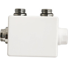 Weißer Hahnblock für Heizkörper mit zwei Anschlüssen oben sowie seitlichen Verbindungen aus Metall und Kunststoff.