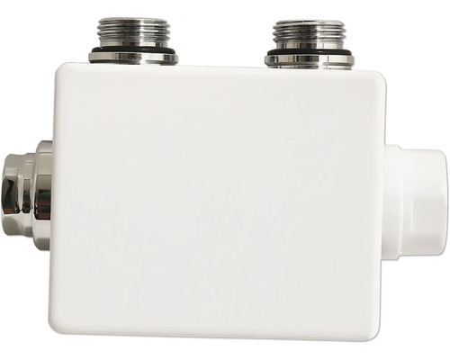 Weißer Hahnblock für Heizkörper mit zwei Anschlüssen oben sowie seitlichen Verbindungen aus Metall und Kunststoff.