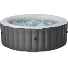 Aufblasbarer, grauer Whirlpool mit sprudelndem Wasser und gerippter Außenwand.