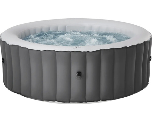 Aufblasbarer, grauer Whirlpool mit sprudelndem Wasser und gerippter Außenwand.