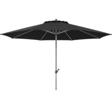 Schwarzer Sonnenschirm mit grauem Metallgestell und Kurbel.