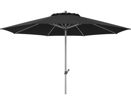 Schwarzer Sonnenschirm mit grauem Metallgestell und Kurbel.
