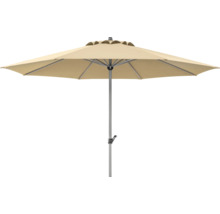 Beiger Rund-Sonnenschirm mit Kurbel und Metallstange.