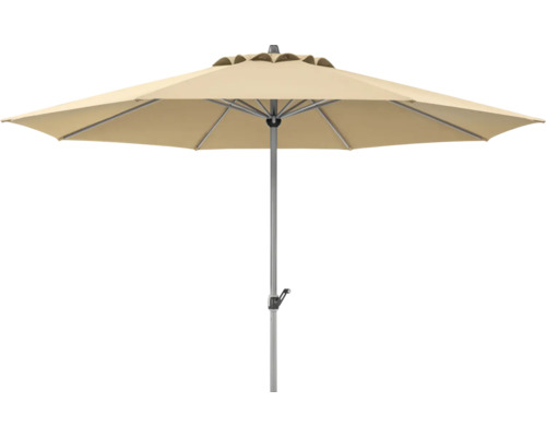 Beiger Rund-Sonnenschirm mit Kurbel und Metallstange.