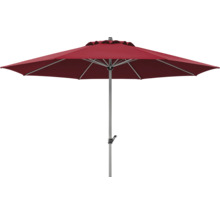 Roter Sonnenschirm mit grauem Mast, Kurbelfunktion und Windöffnung.