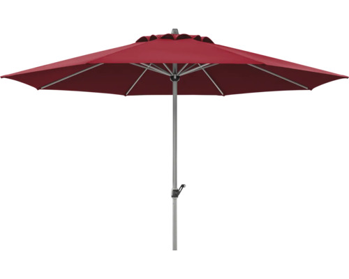 Roter Sonnenschirm mit grauem Mast, Kurbelfunktion und Windöffnung.