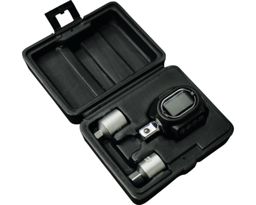 Digitaler Drehmomentadapter-Satz mit zwei Steckschlüssel-Adaptern in einem schwarzen Kunststoffkoffer.