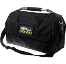 Schwarze WGB Werkzeugtasche aus Textil mit gepolstertem Metalltragegriff und verstellbarem Schultergurt.