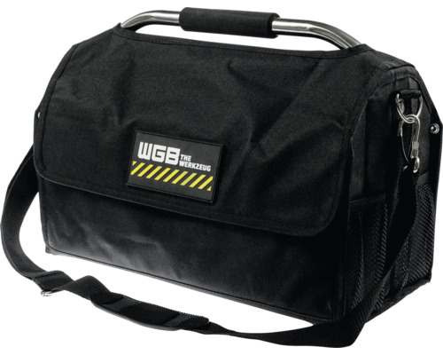 Schwarze WGB Werkzeugtasche aus Textil mit gepolstertem Metalltragegriff und verstellbarem Schultergurt.