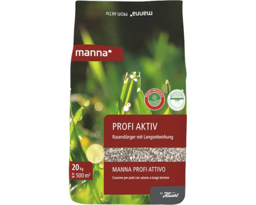 Manna Profi Aktiv Rasendünger mit Langzeitwirkung, 20 Kilogramm für circa 500 Quadratmeter, Profi-Produkt mit Bacillus subtilis, Manna Logo.