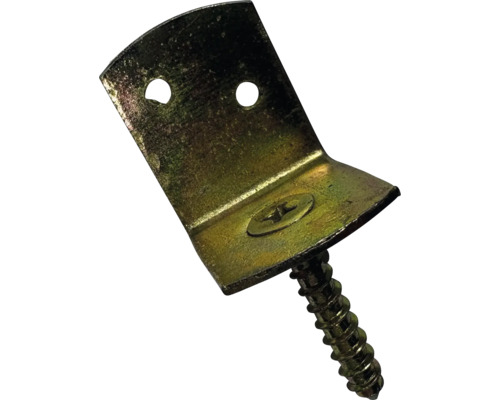 Winkelverbinder aus Metall mit integrierter Schraube und zwei Löchern zur Befestigung.