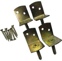 Vier Winkelverbinder aus gelb verzinktem Metall inklusive acht passender Schrauben zur Befestigung.