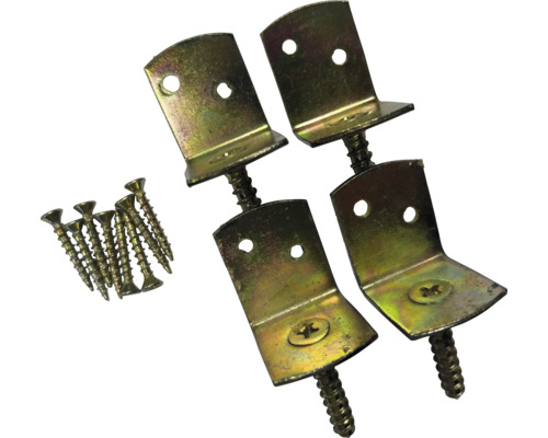 Vier Winkelverbinder aus gelb verzinktem Metall inklusive acht passender Schrauben zur Befestigung.