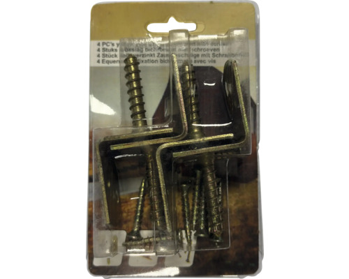 Set mit 4 Zaunbeschlägen aus gelb verzinktem Metall inklusive Schrauben in einer Blisterverpackung.