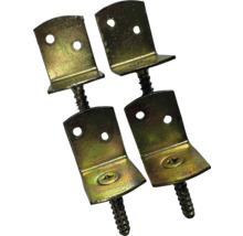 Vier gelb verzinkte Stuhlwinkel aus Metall mit integrierter Holzschraube und zwei Befestigungslöchern.