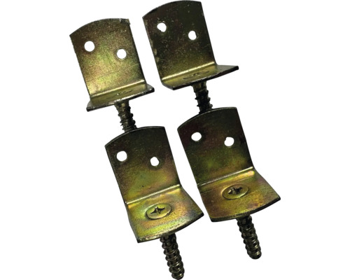 Vier gelb verzinkte Stuhlwinkel aus Metall mit integrierter Holzschraube und zwei Befestigungslöchern.