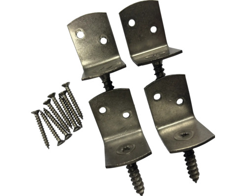 Vier L-förmige Metallwinkel mit passenden Schrauben zur Befestigung.