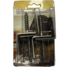 Vier Edelstahl-Winkelbeschläge inklusive Schrauben in einer Blisterverpackung.
