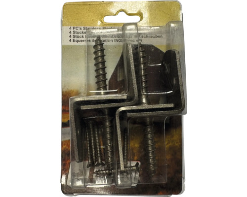 Vier Edelstahl-Winkelbeschläge inklusive Schrauben in einer Blisterverpackung.