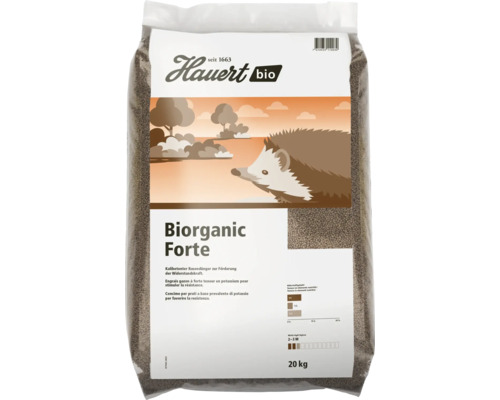 Hauert bio Biorganic Forte, kalibetonter Bio-Rasendünger in einem 20 Kilogramm Sack.