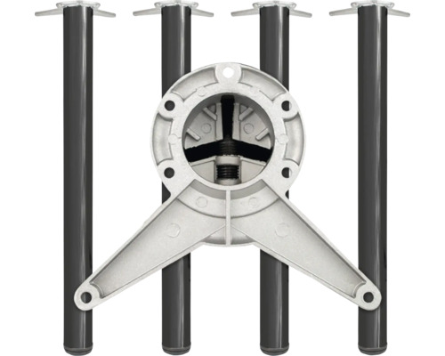 Vier schwarze Tischbeine aus Metall mit runden Montageplatten und einem silbernen Montageadapter aus Aluminium.