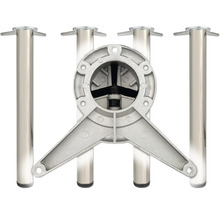 Vier zylindrische Möbelfüße aus Metall und eine Montagehalterung aus Aluminiumguss.