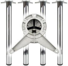 Set aus vier runden Tischbeinen aus verchromtem Metall inklusive einer Halterung aus Metall.