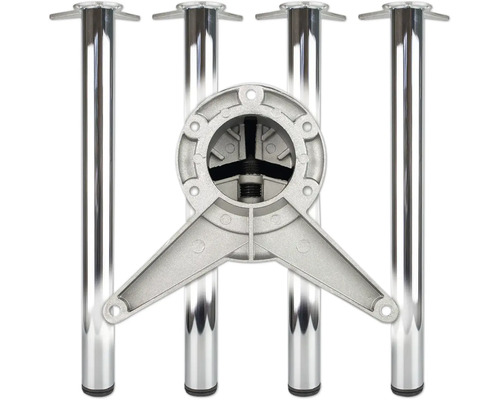 Set aus vier runden Tischbeinen aus verchromtem Metall inklusive einer Halterung aus Metall.
