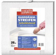 Lugato Randdämmstreifen selbstklebend, 25 Meter Rolle, 50 Millimeter hoch, 5 Millimeter stark, aus PE-Schaum zur Bauteiltrennung.
