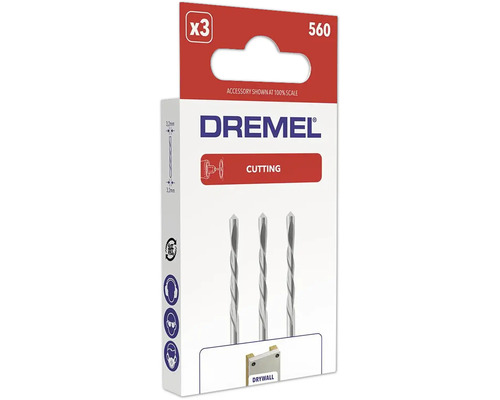 Dremel Logo, Trockenbau-Fräser Set 560, drei Stück, Durchmesser 3,2 Millimeter, zum Schneiden von Gipskarton.