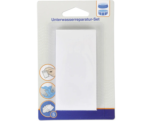 Unterwasserreparatur-Set für Pools mit fünf selbstklebenden Flicken.