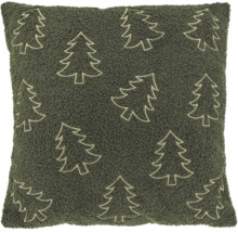 Quadratisches Dekokissen aus dunkelgrünem, strukturiertem Stoff mit aufgestickten Tannenbaum-Konturen.