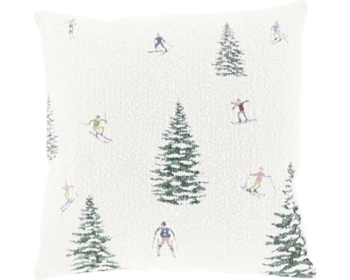 Quadratisches Zierkissen mit gewebtem Wintermotiv aus Tannenbäumen und Skifahrern.