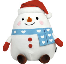Plüsch-Schneemann mit Weihnachtsmütze, Schal mit Herzmuster und Handschuhen.