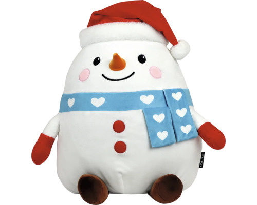 Plüsch-Schneemann mit Weihnachtsmütze, Schal mit Herzmuster und Handschuhen.