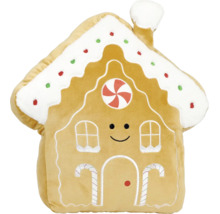 Weiches Plüschkissen in Form eines Lebkuchenhauses mit lachendem Gesicht und dekorativen Stickereien.